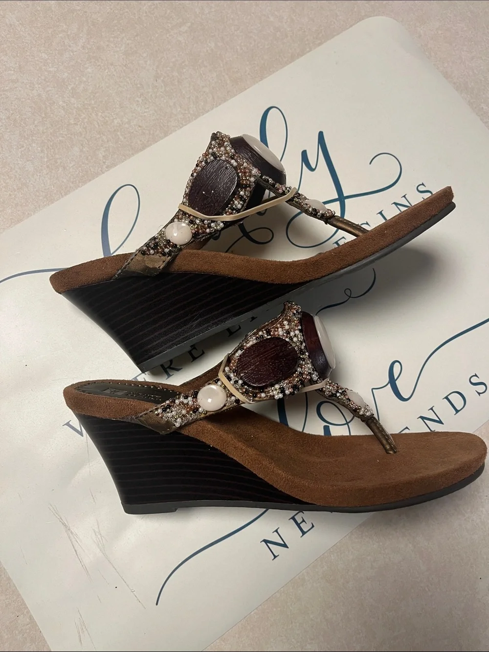White Mountain Brown Beaded Thong Sandals with White Stone Accents